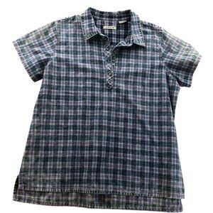 Orvis Womens Polo Shirt Large Short Sleeve Blue Plaid Casual Retro Pullover